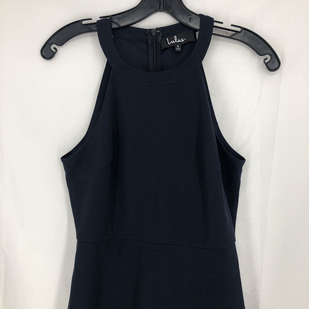 Lulus Mamacita Halter Skater Mini Dress Navy Blue Scallop Hem Zip Back Small